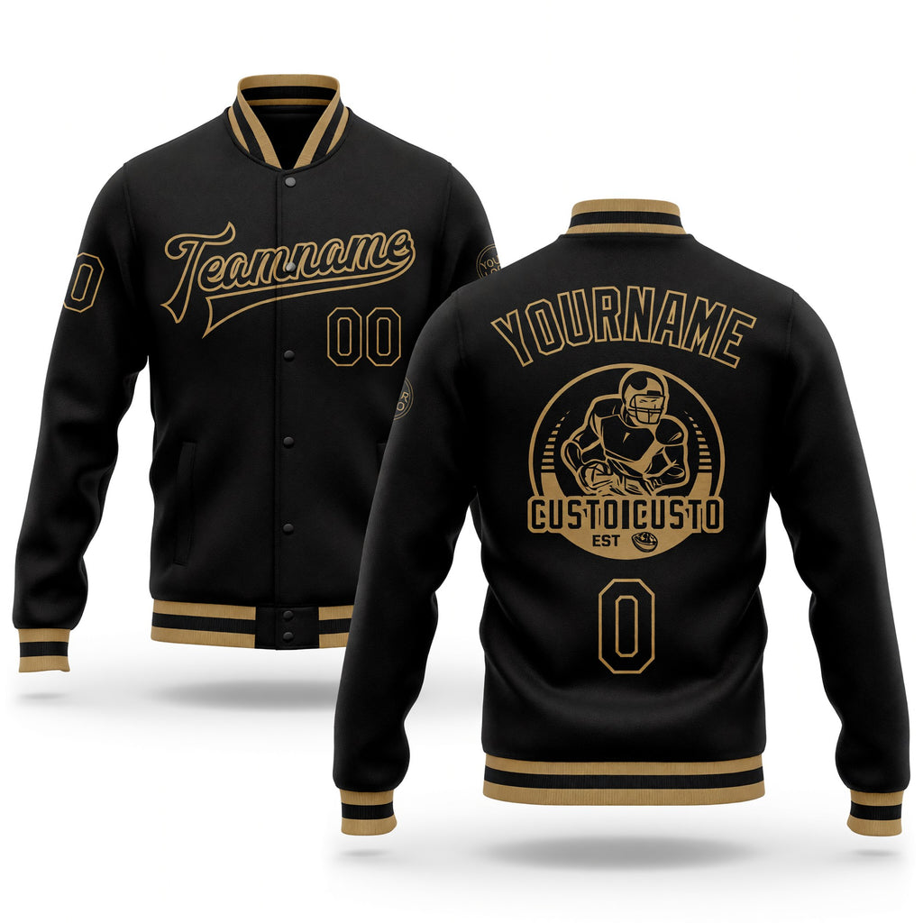Custom Black Black-Old Gold Bomber Full-Snap Varsity Letterman Jacket