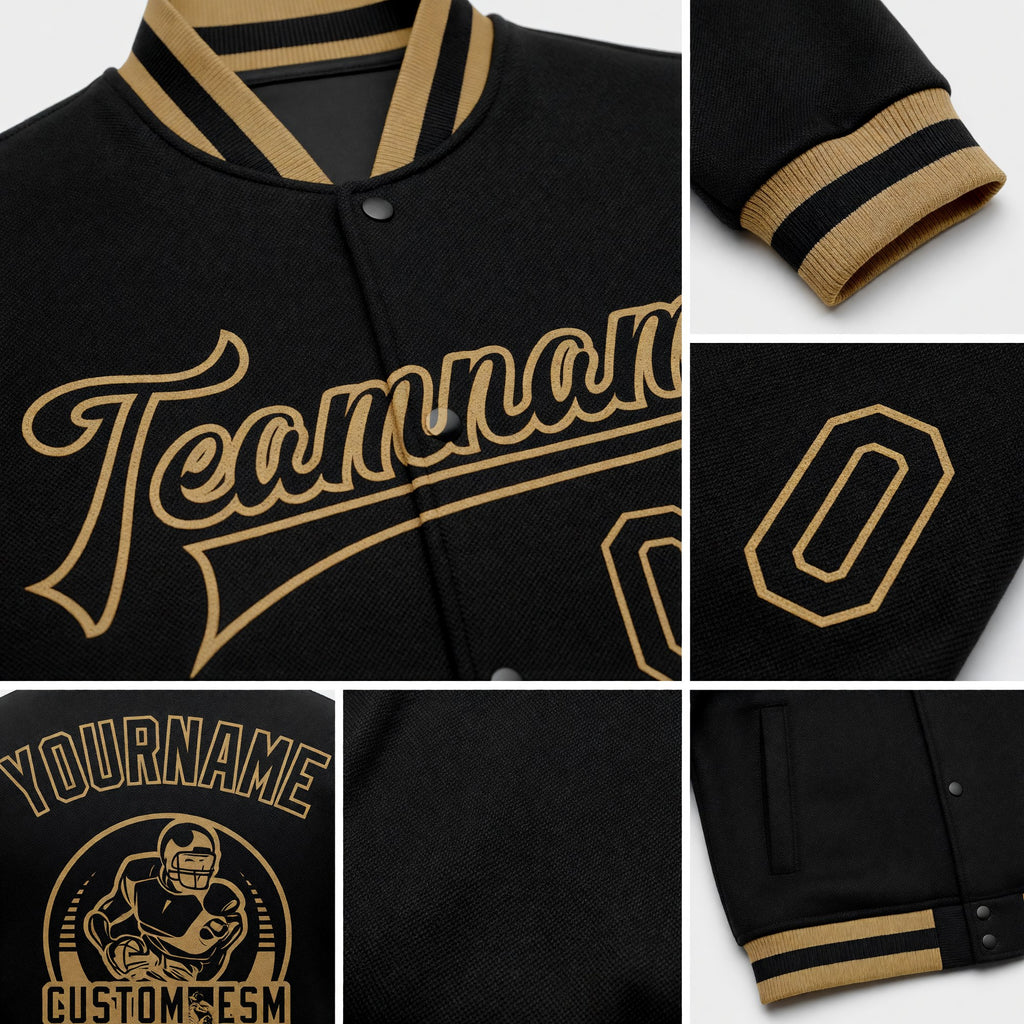 Custom Black Black-Old Gold Bomber Full-Snap Varsity Letterman Jacket detail
