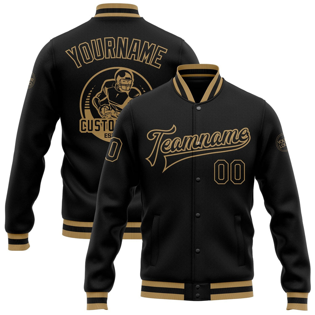 Custom Black Black-Old Gold Bomber Full-Snap Varsity Letterman Jacket photo 1