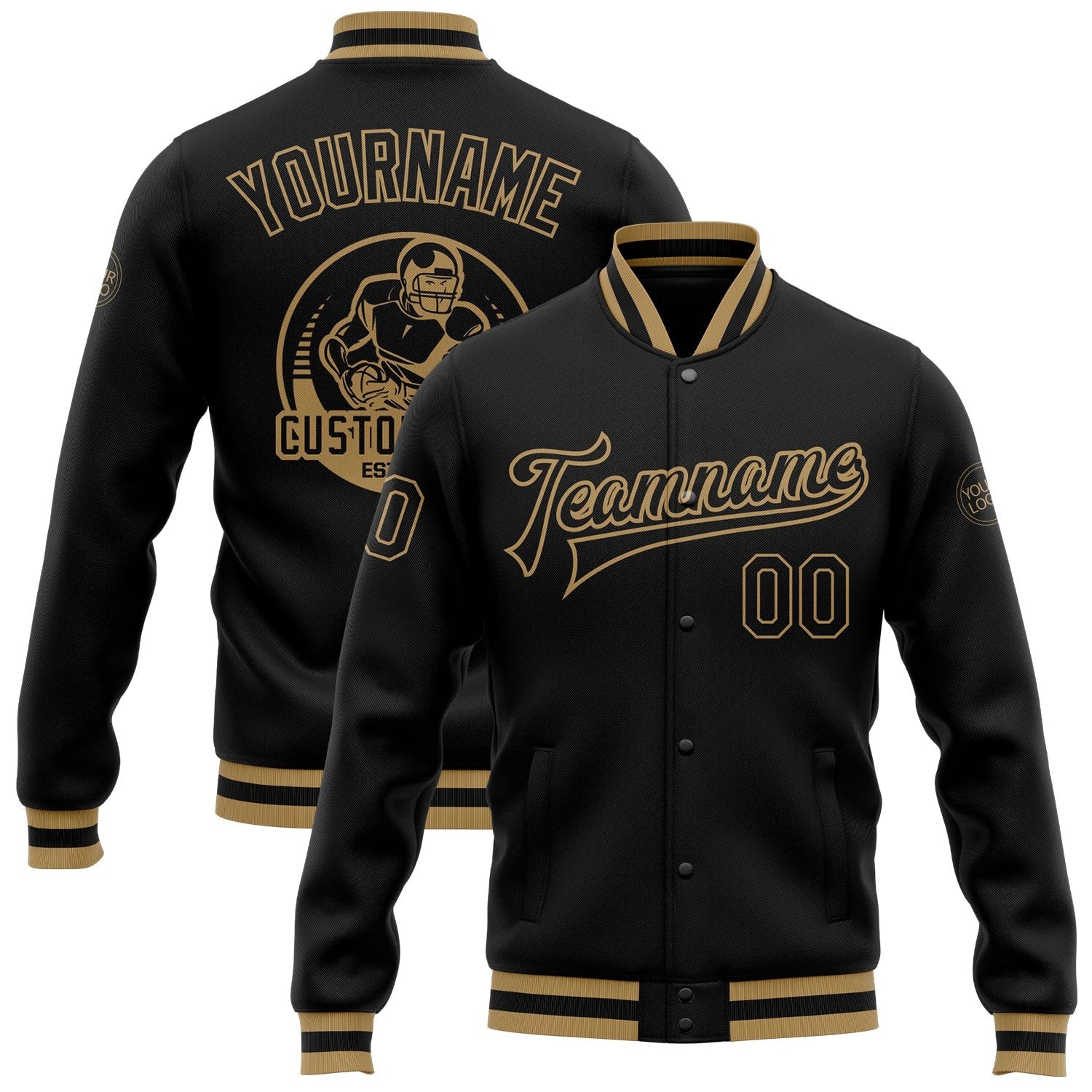 Custom Black Black-Old Gold Bomber Full-Snap Varsity Letterman Jacket photo 1
