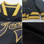 Custom Black Black-Old Gold Bomber Full-Snap Varsity Letterman Jacket photo 4
