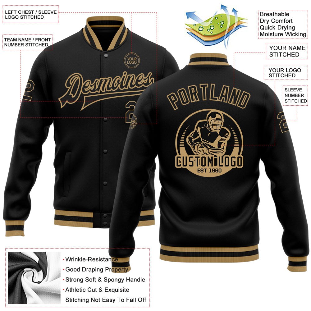 Custom Black Black-Old Gold Bomber Full-Snap Varsity Letterman Jacket photo 5
