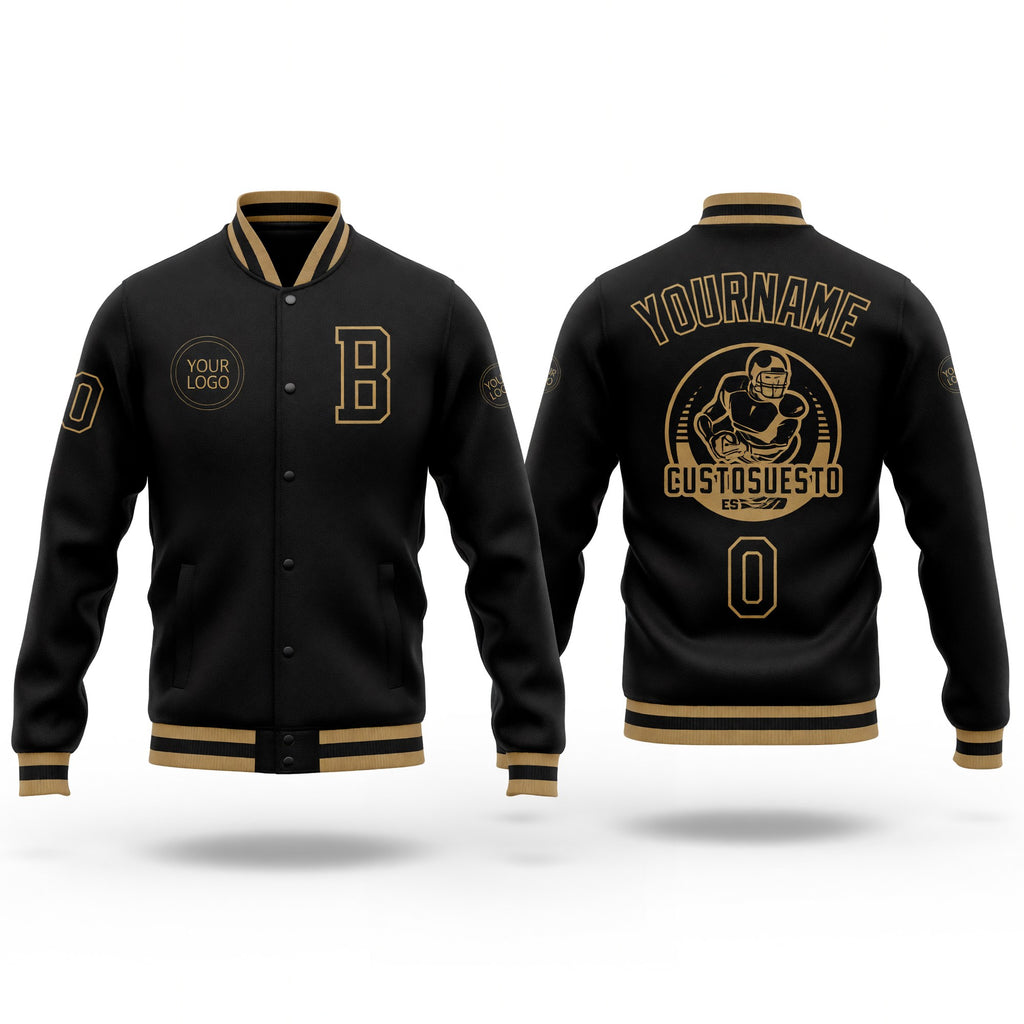 Custom Black Black-Old Gold Bomber Full-Snap Varsity Letterman Jacket
