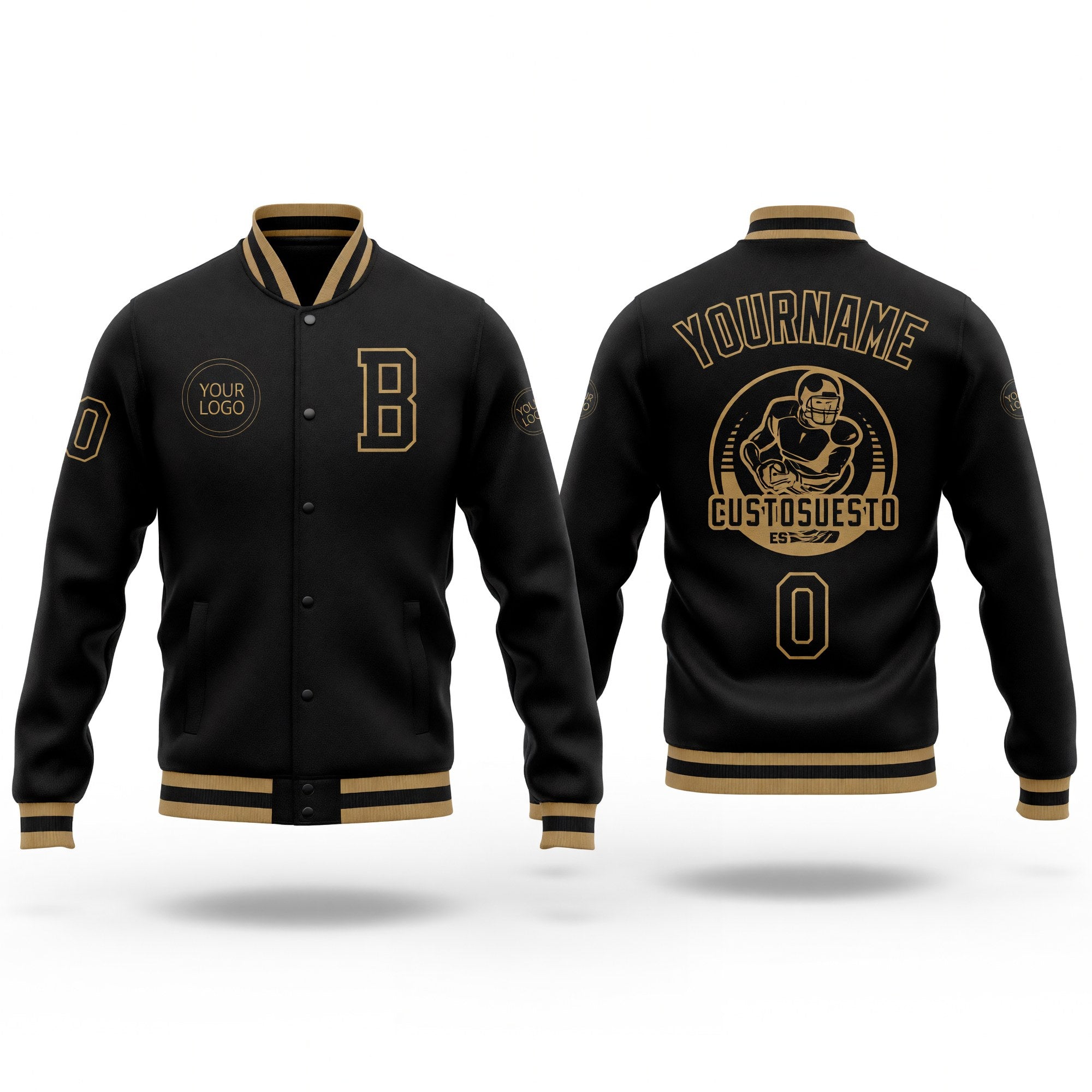 Custom Black Black-Old Gold Bomber Full-Snap Varsity Letterman Jacket