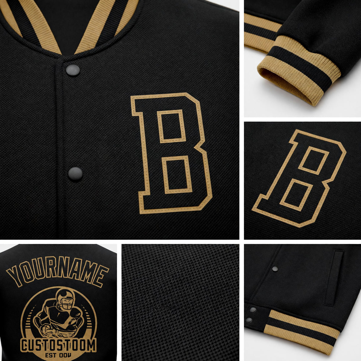 Custom Black Black-Old Gold Bomber Full-Snap Varsity Letterman Jacket detail