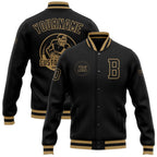 Custom Black Black-Old Gold Bomber Full-Snap Varsity Letterman Jacket photo 1