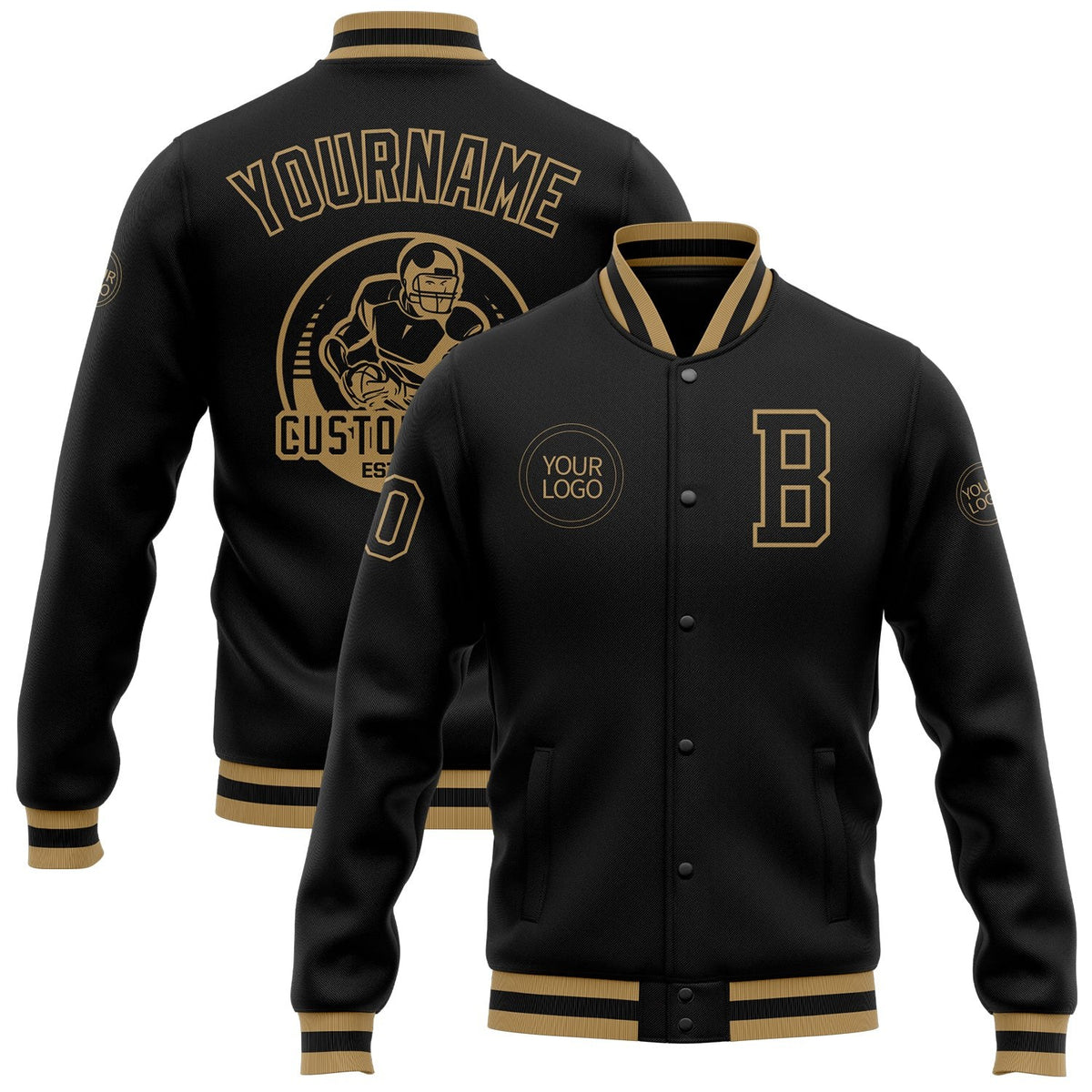 Custom Black Black-Old Gold Bomber Full-Snap Varsity Letterman Jacket photo 1