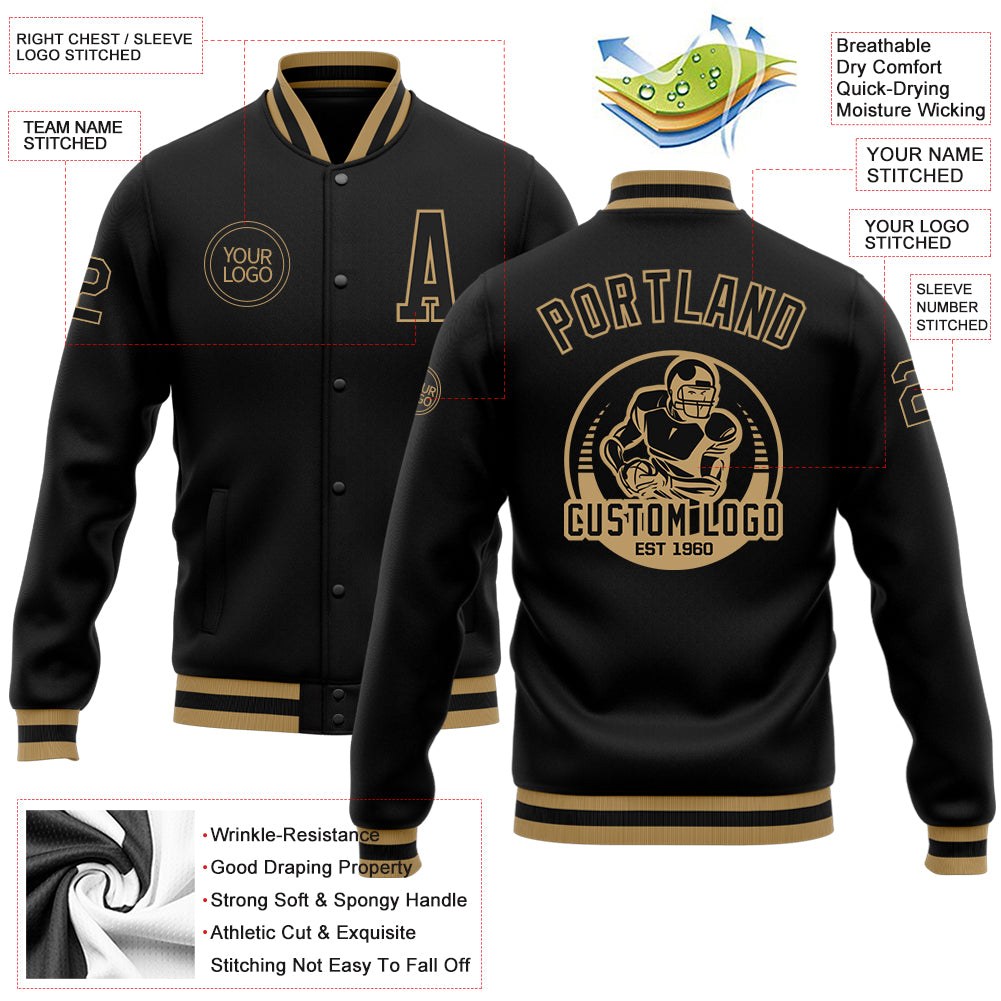 Custom Black Black-Old Gold Bomber Full-Snap Varsity Letterman Jacket photo 5