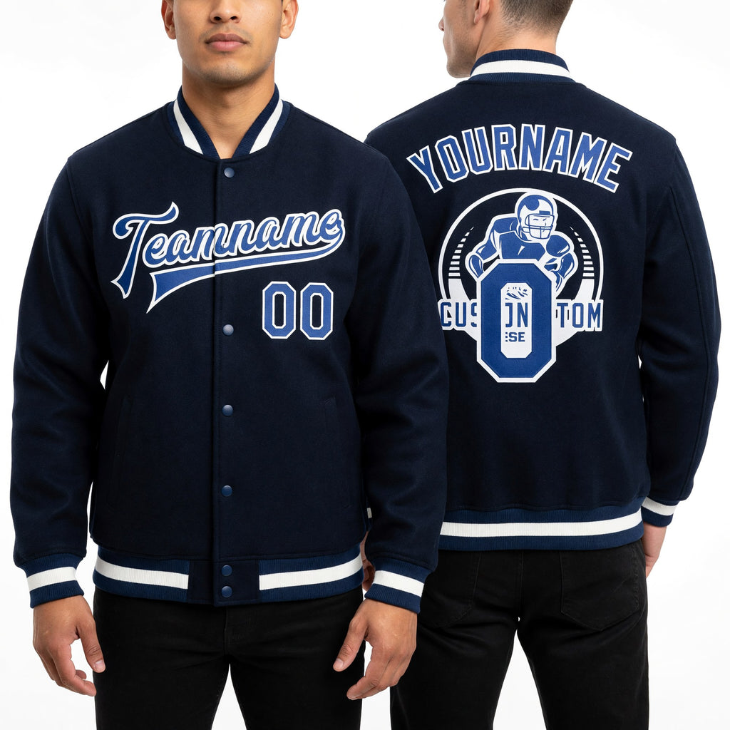 Custom Navy Royal-White Bomber Full-Snap Varsity Letterman Jacket worn front and back
