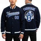 Custom Navy Royal-White Bomber Full-Snap Varsity Letterman Jacket worn front and back