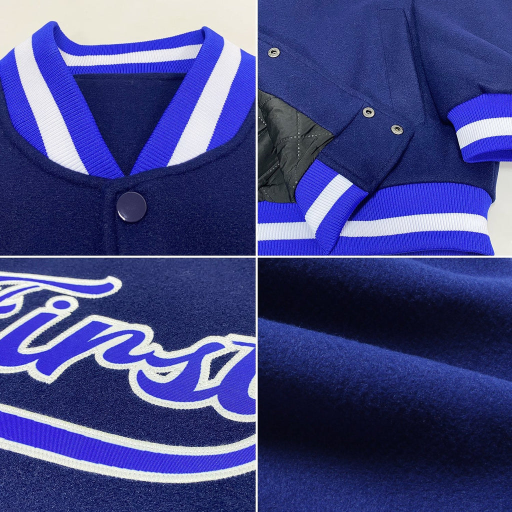 Custom Navy Royal-White Bomber Full-Snap Varsity Letterman Jacket photo 4