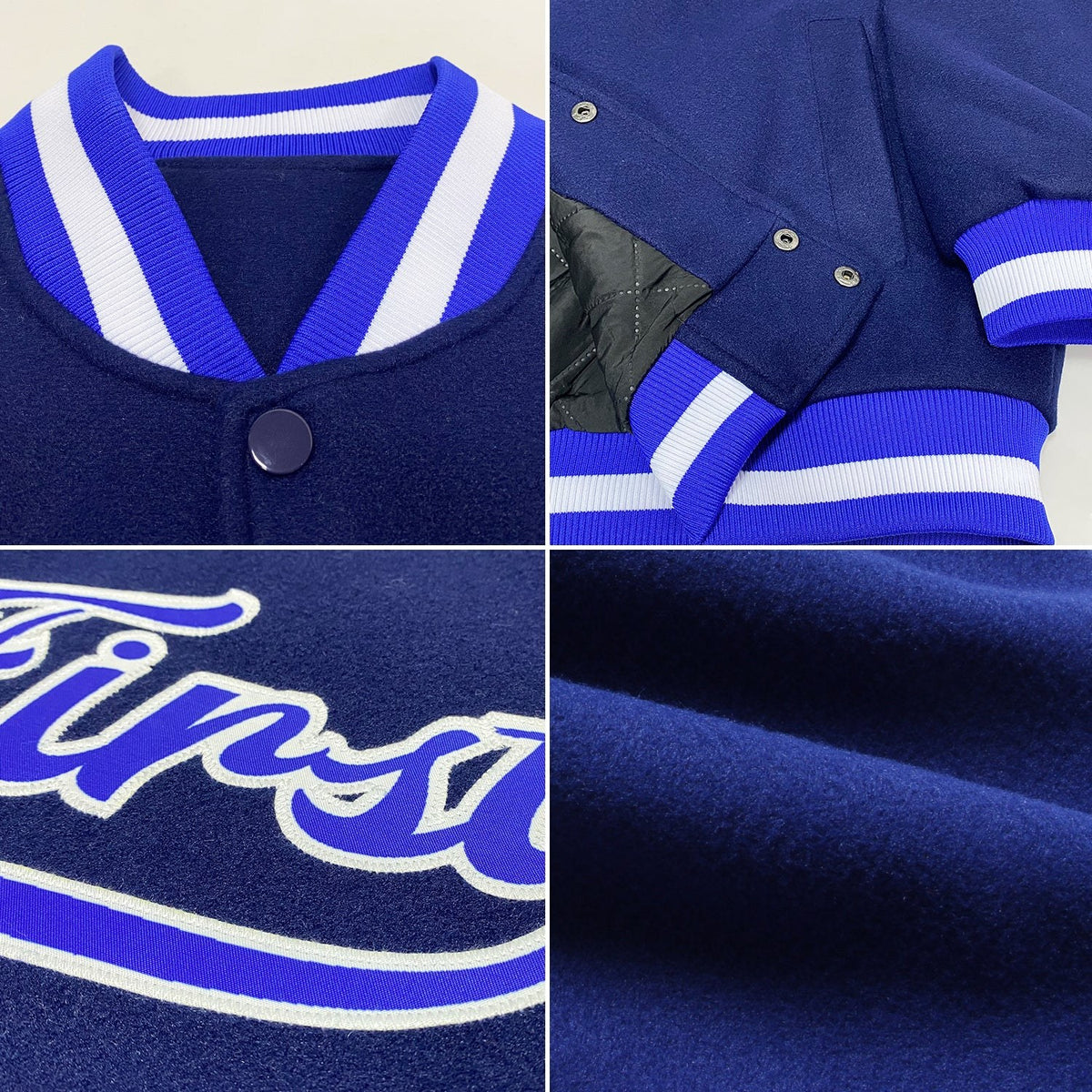 Custom Navy Royal-White Bomber Full-Snap Varsity Letterman Jacket photo 4
