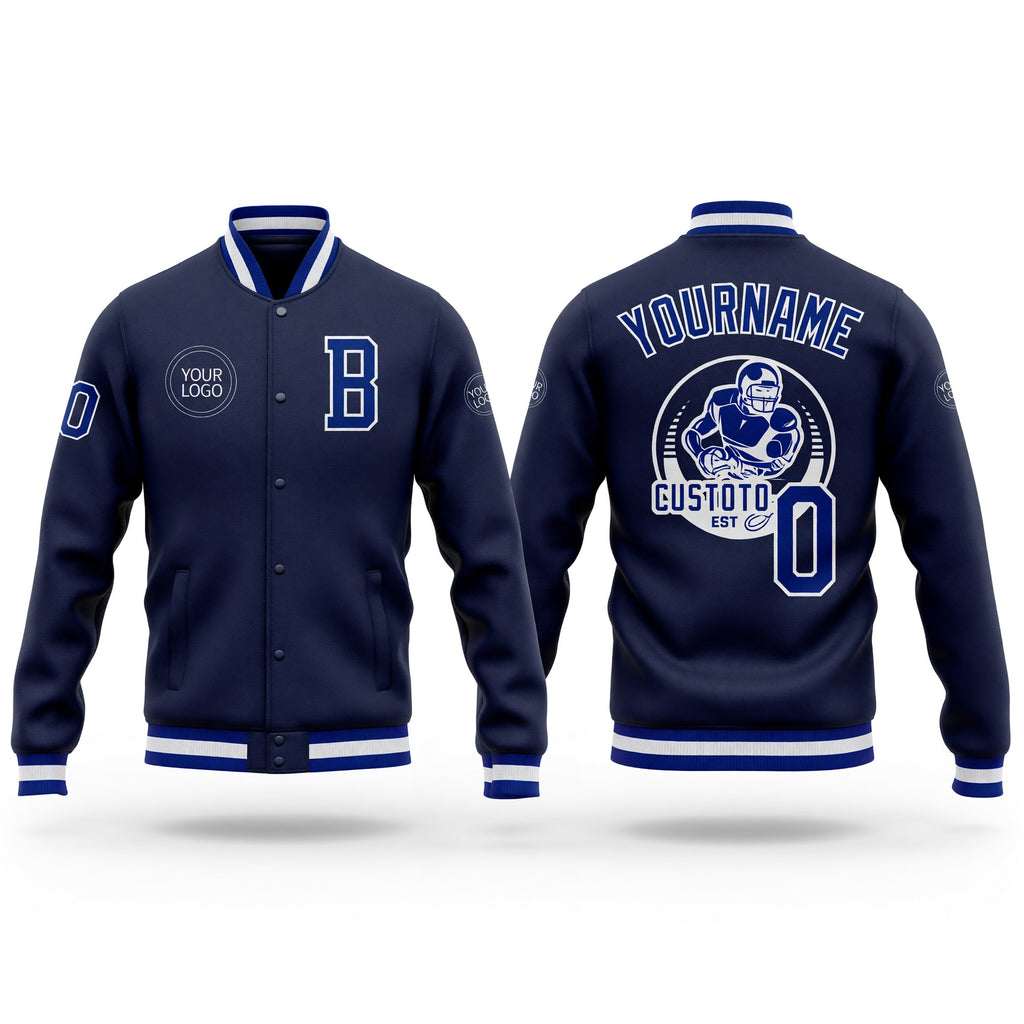Custom Navy Royal-White Bomber Full-Snap Varsity Letterman Jacket