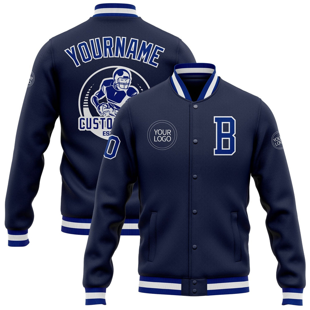 Custom Navy Royal-White Bomber Full-Snap Varsity Letterman Jacket photo 1