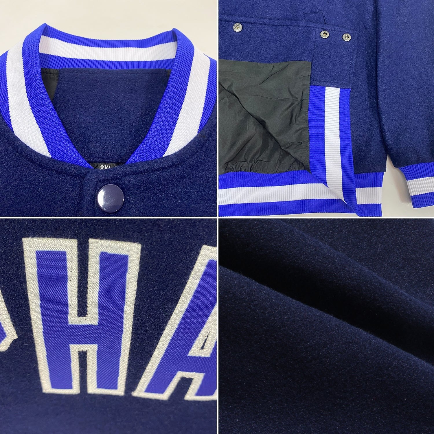 Custom Navy Royal-White Bomber Full-Snap Varsity Letterman Jacket photo 4
