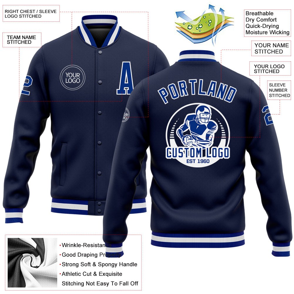 Custom Navy Royal-White Bomber Full-Snap Varsity Letterman Jacket photo 5