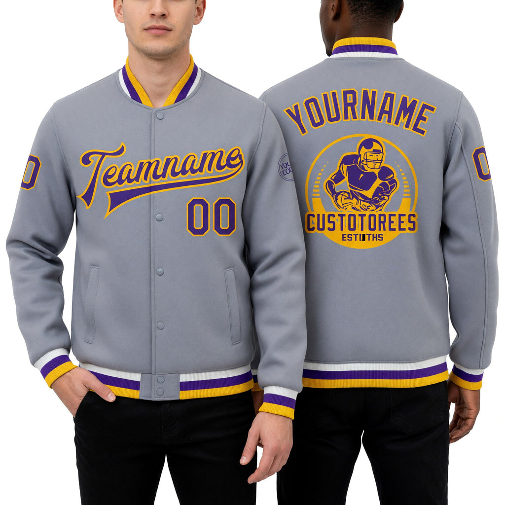 Custom Gray Purple-Gold Bomber Full-Snap Varsity Letterman Jacket worn front and back