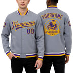 Custom Gray Purple-Gold Bomber Full-Snap Varsity Letterman Jacket worn front and back