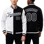Custom White Black Bomber Full-Snap Varsity Letterman Split Fashion Jacket worn front and back