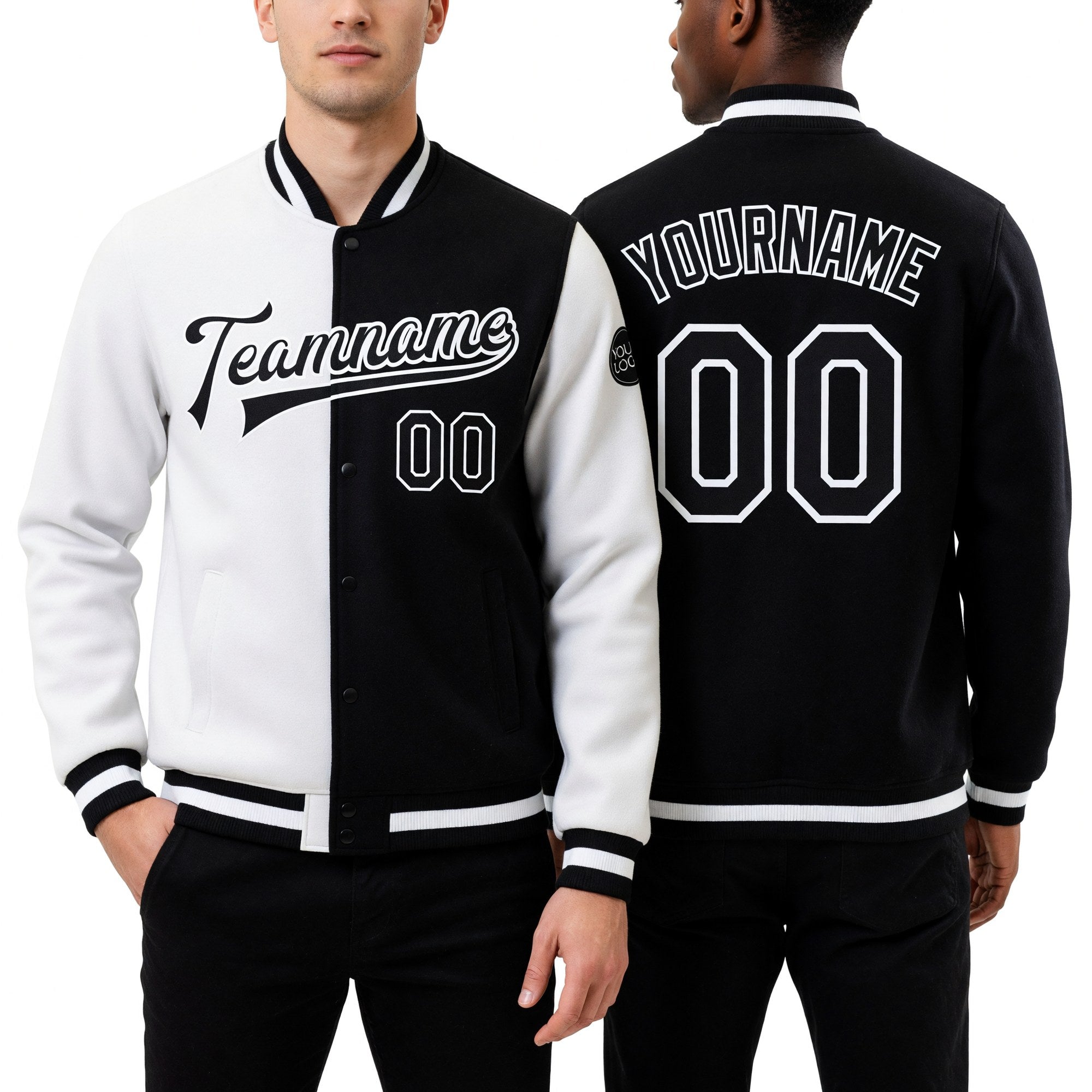 Custom White Black Bomber Full-Snap Varsity Letterman Split Fashion Jacket worn front and back
