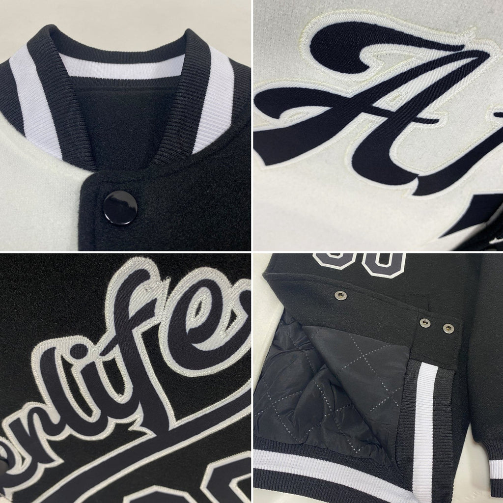 Custom White Black Bomber Full-Snap Varsity Letterman Split Fashion Jacket photo 4