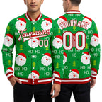 Custom Kelly Green White-Red Christmas 3D Bomber Full-Snap Varsity Letterman Jacket worn front and back