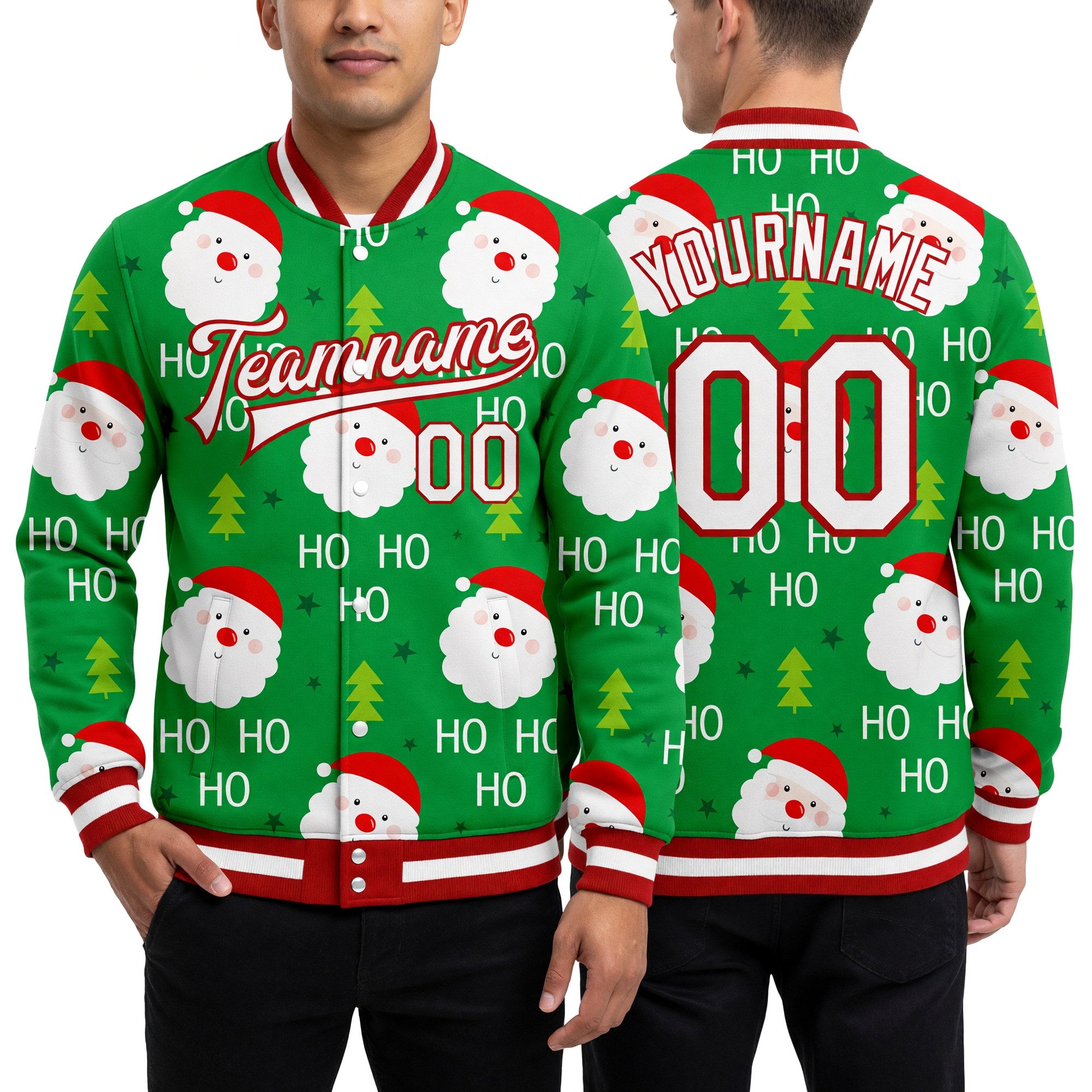 Custom Kelly Green White-Red Christmas 3D Bomber Full-Snap Varsity Letterman Jacket worn front and back