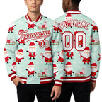 Custom Pea Green White-Red Christmas 3D Bomber Full-Snap Varsity Letterman Jacket worn front and back