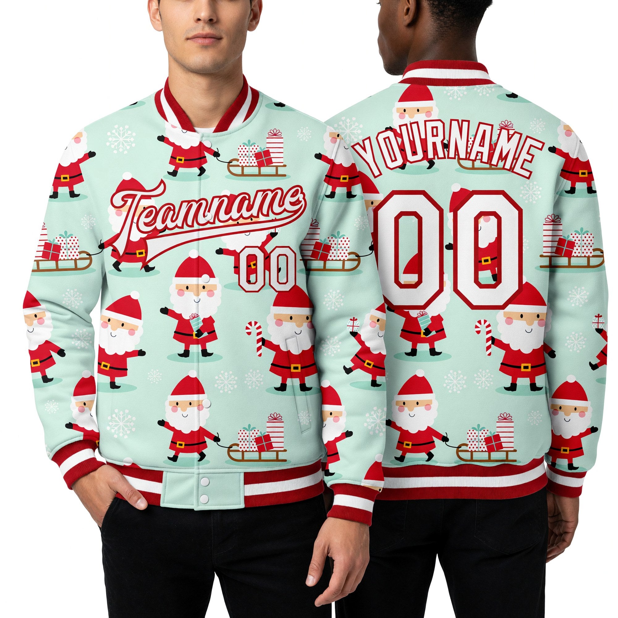 Custom Pea Green White-Red Christmas 3D Bomber Full-Snap Varsity Letterman Jacket worn front and back
