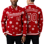 Custom Red White Christmas 3D Bomber Full-Snap Varsity Letterman Jacket worn front and back