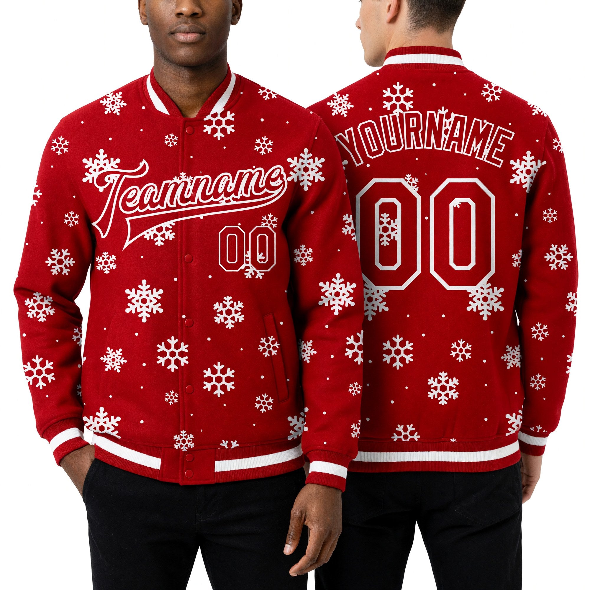 Custom Red White Christmas 3D Bomber Full-Snap Varsity Letterman Jacket worn front and back