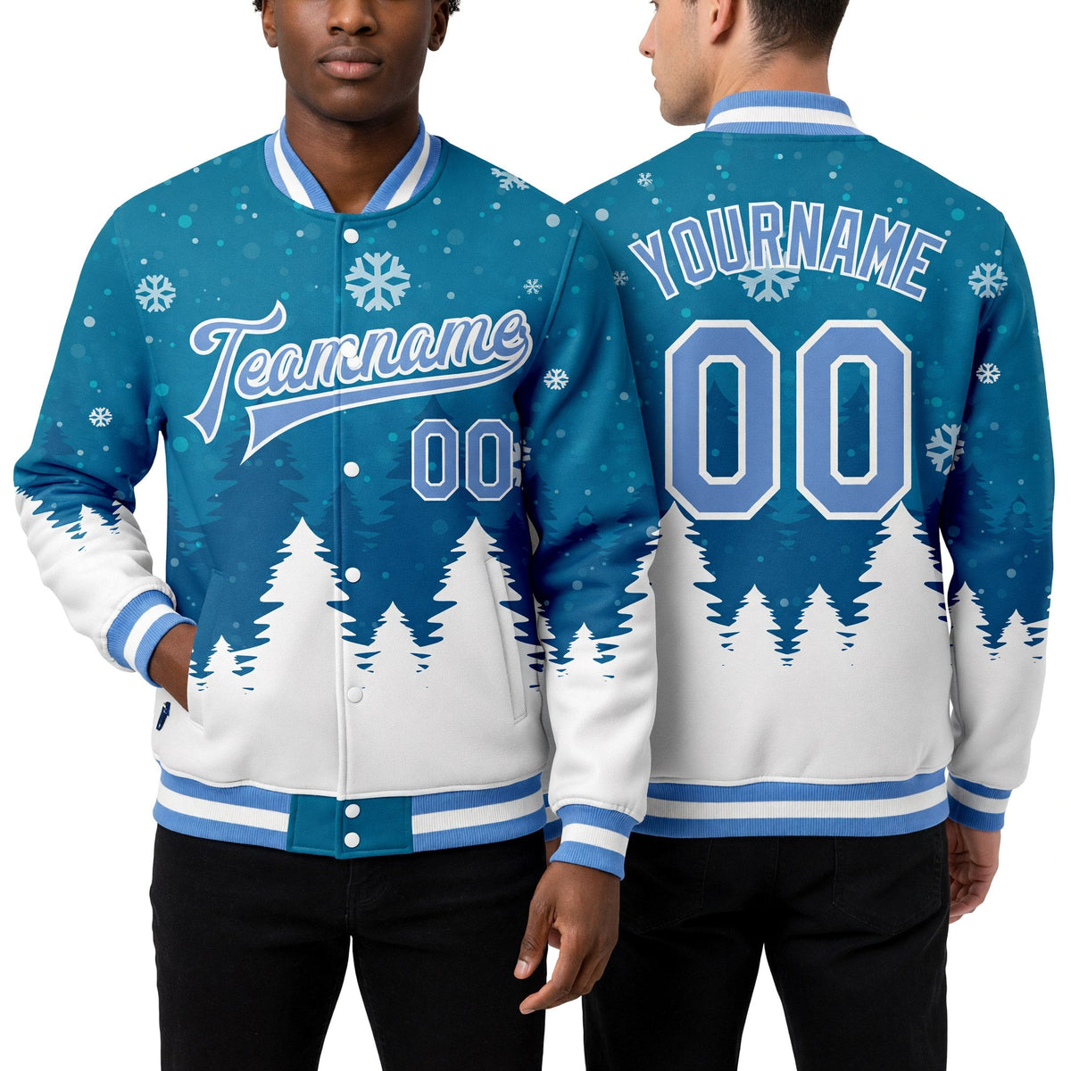 Custom Teal Light Blue-White Christmas 3D Bomber Full-Snap Varsity Letterman Jacket worn front and back