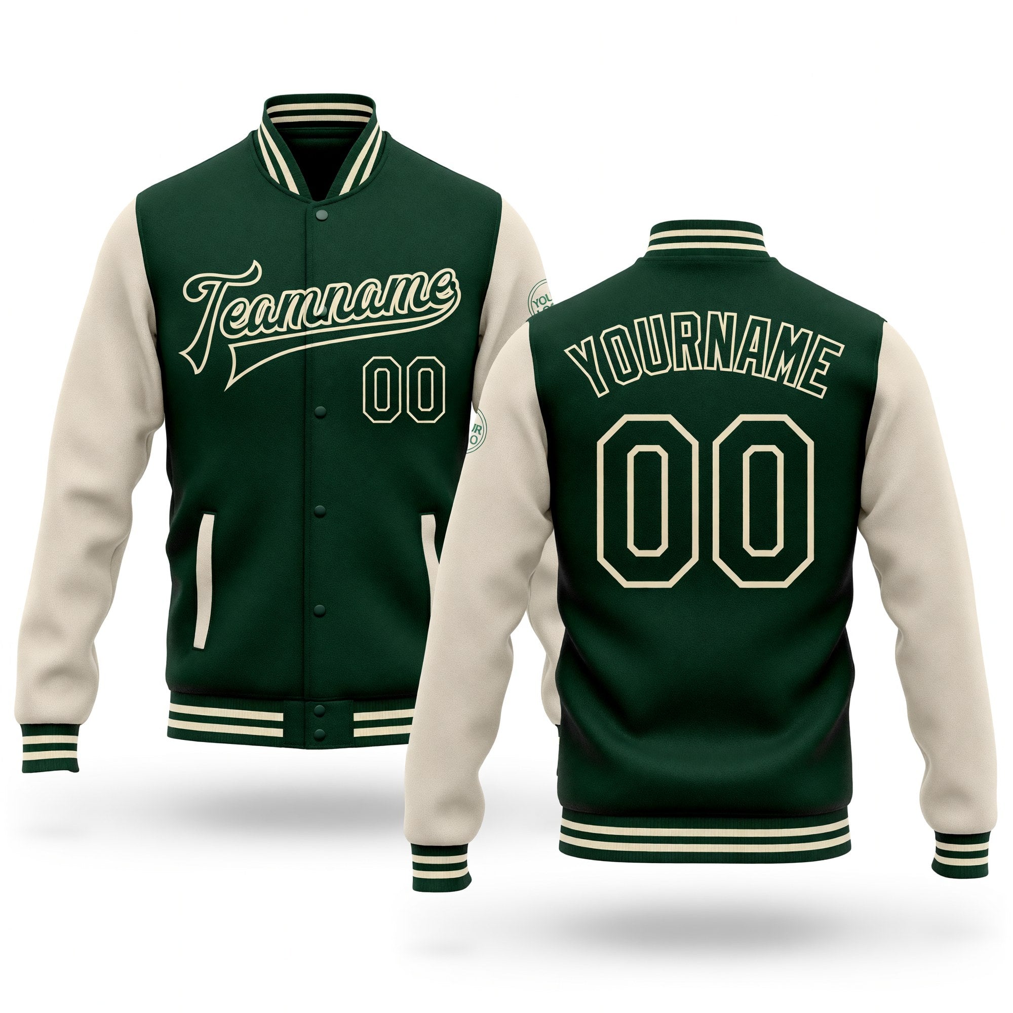 Custom Green Green-Cream Bomber Full-Snap Varsity Letterman Two Tone Jacket