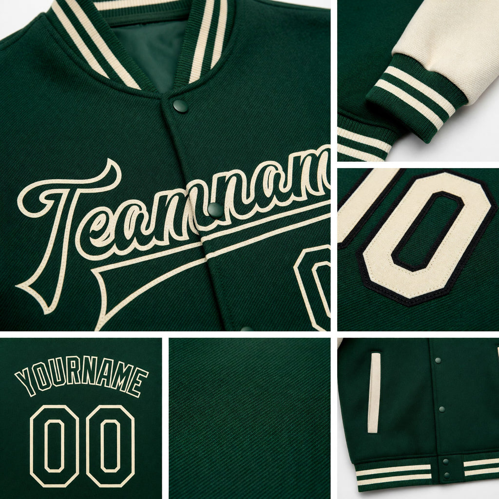 Custom Green Green-Cream Bomber Full-Snap Varsity Letterman Two Tone Jacket detail