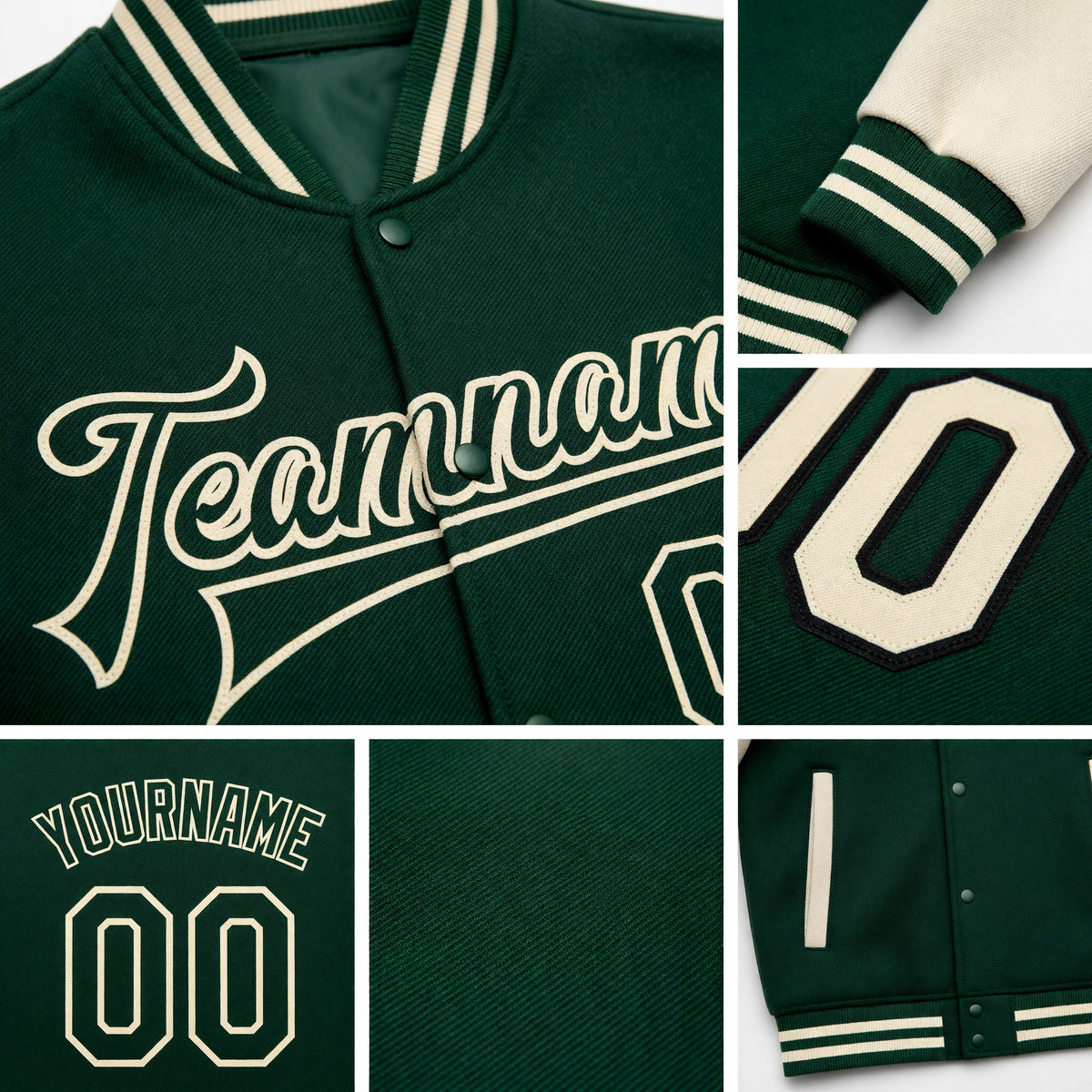 Custom Green Green-Cream Bomber Full-Snap Varsity Letterman Two Tone Jacket detail