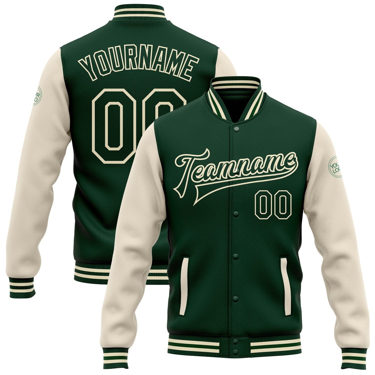 Custom Green Green-Cream Bomber Full-Snap Varsity Letterman Two Tone Jacket photo 1