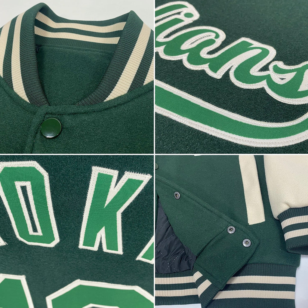 Custom Green Green-Cream Bomber Full-Snap Varsity Letterman Two Tone Jacket photo 4