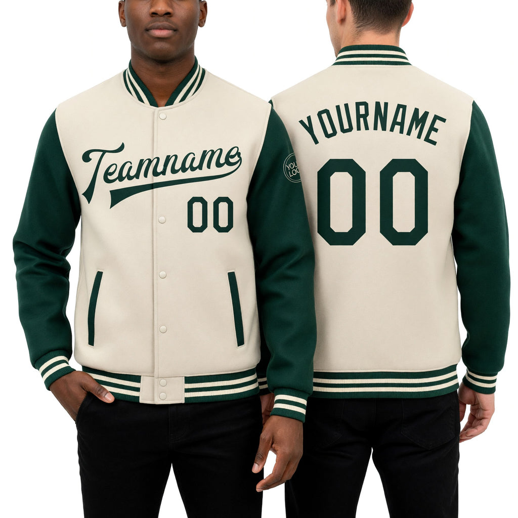 Custom Cream Green Bomber Full-Snap Varsity Letterman Two Tone Jacket worn front and back