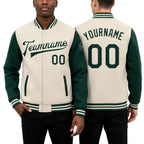 Custom Cream Green Bomber Full-Snap Varsity Letterman Two Tone Jacket worn front and back