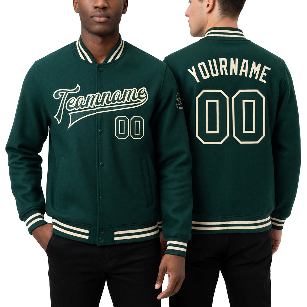 Custom Green Green-Cream Bomber Full-Snap Varsity Letterman Jacket worn front and back