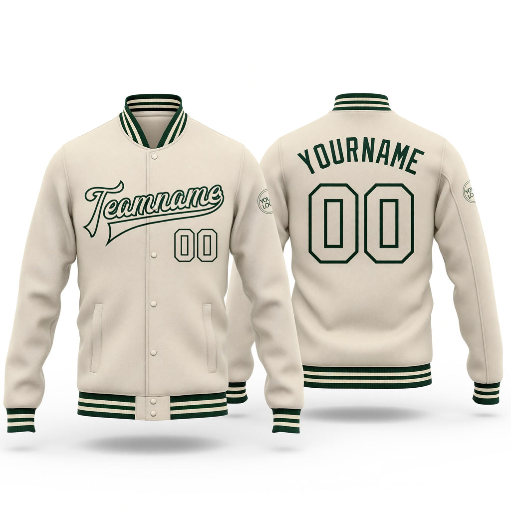 Custom Cream Cream-Green Bomber Full-Snap Varsity Letterman Jacket