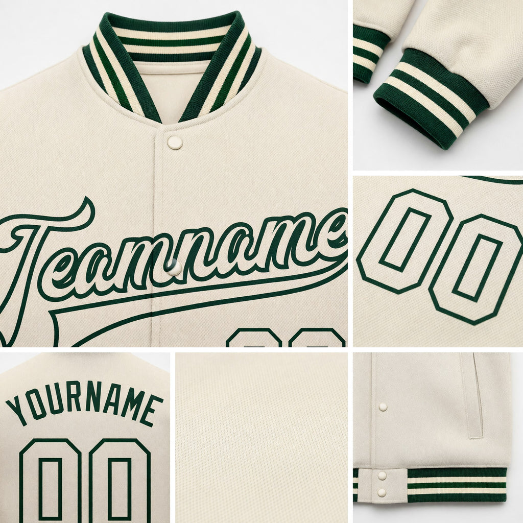 Custom Cream Cream-Green Bomber Full-Snap Varsity Letterman Jacket detail