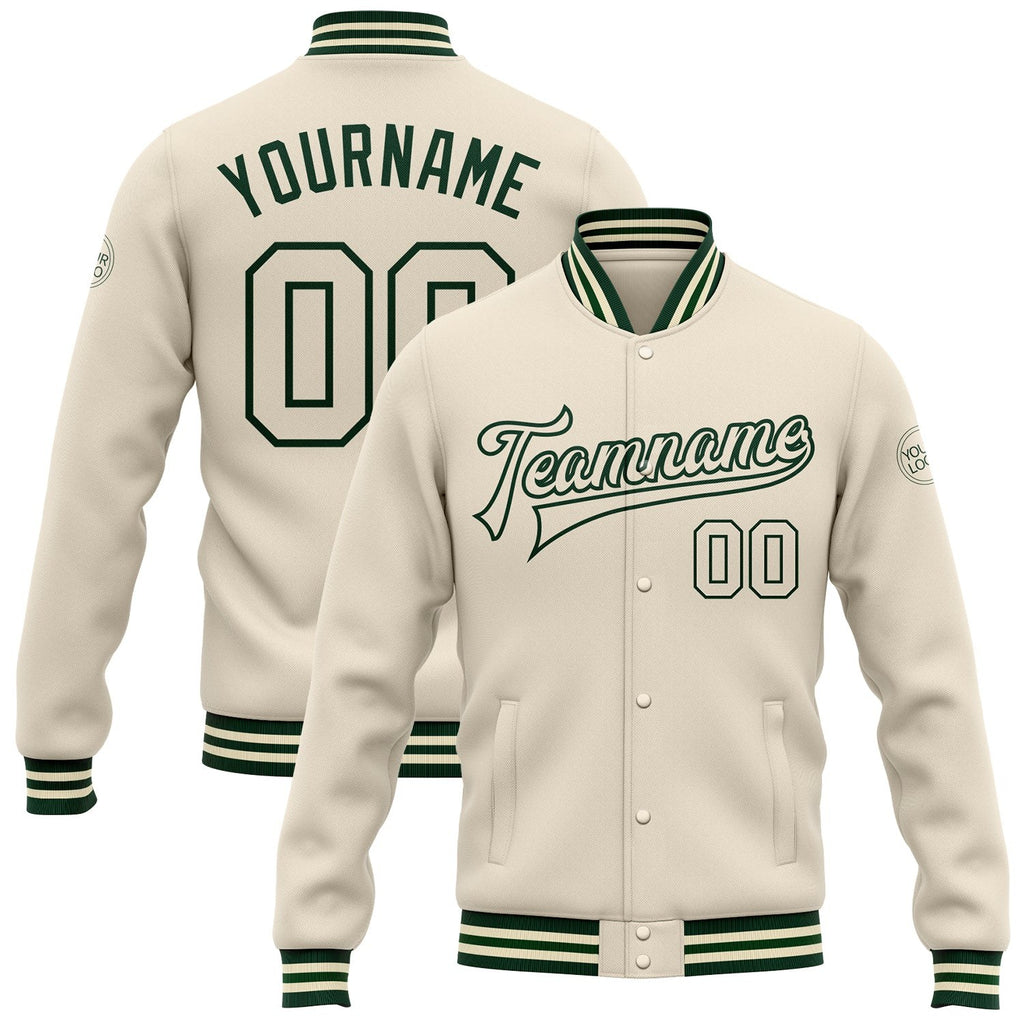Custom Cream Cream-Green Bomber Full-Snap Varsity Letterman Jacket photo 1