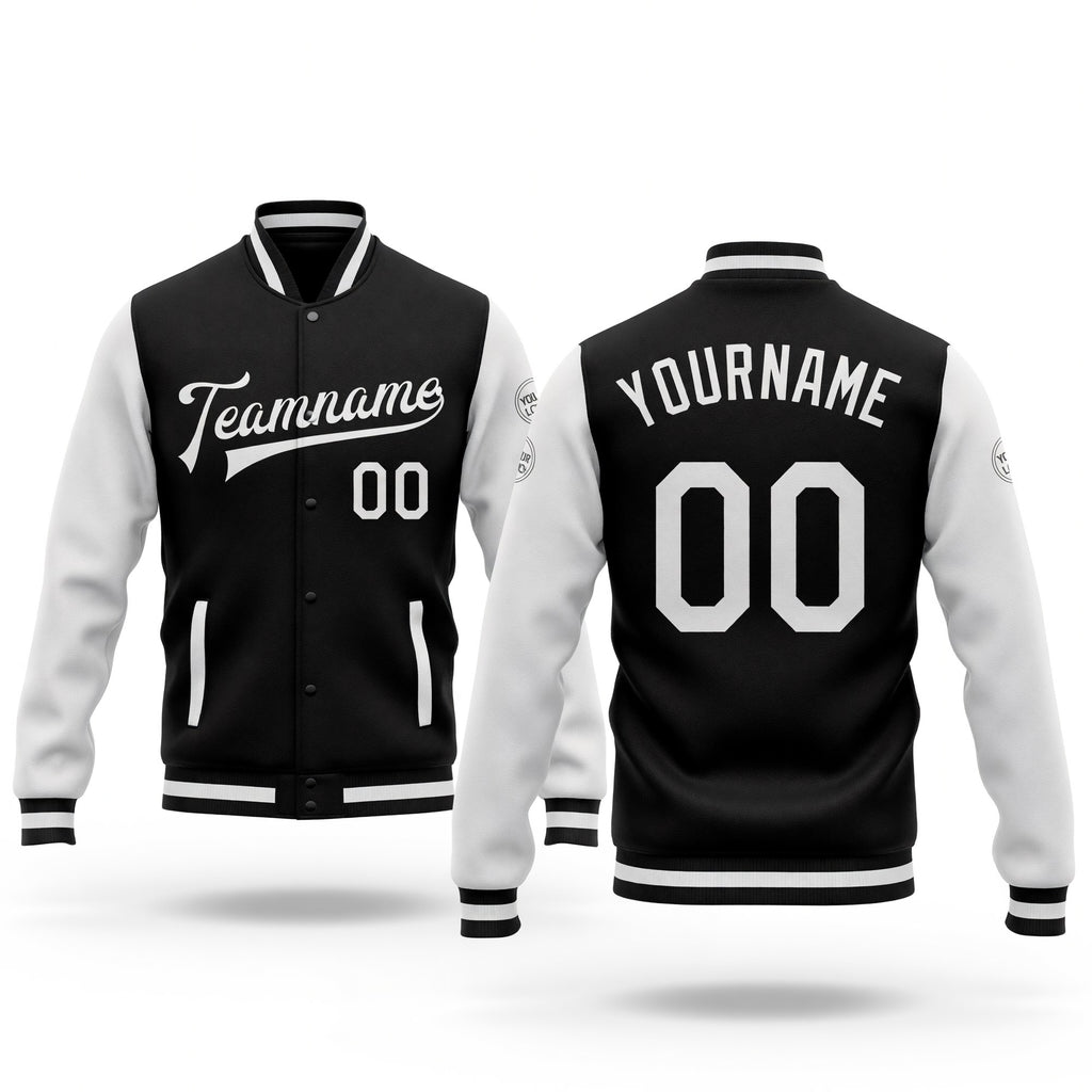 Custom Black White Bomber Full-Snap Varsity Letterman Two Tone Jacket