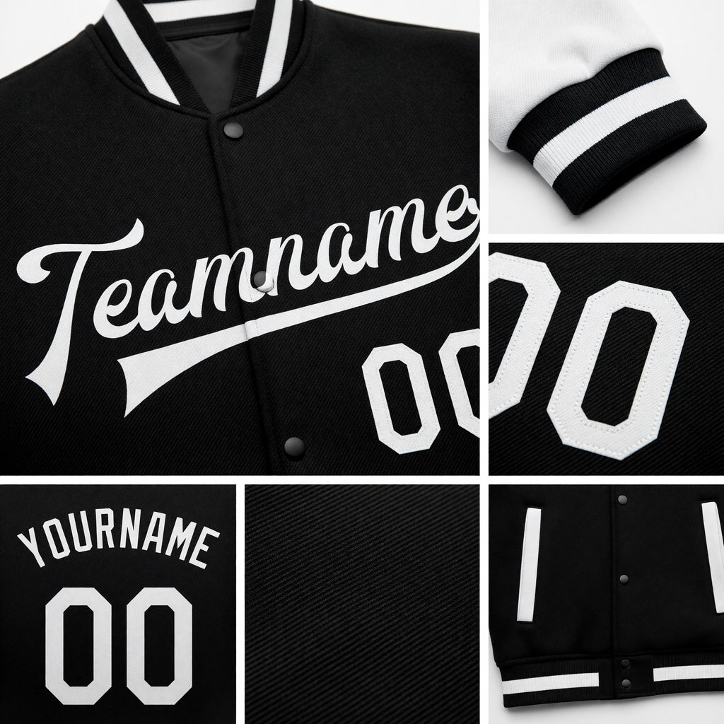 Custom Black White Bomber Full-Snap Varsity Letterman Two Tone Jacket detail