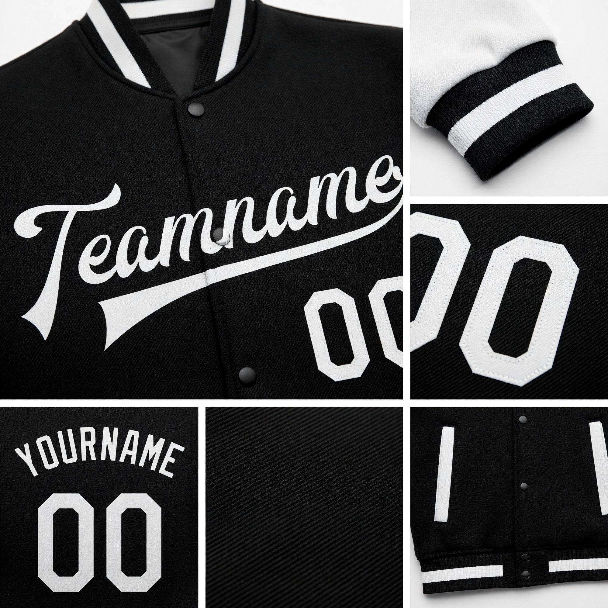 Custom Black White Bomber Full-Snap Varsity Letterman Two Tone Jacket detail