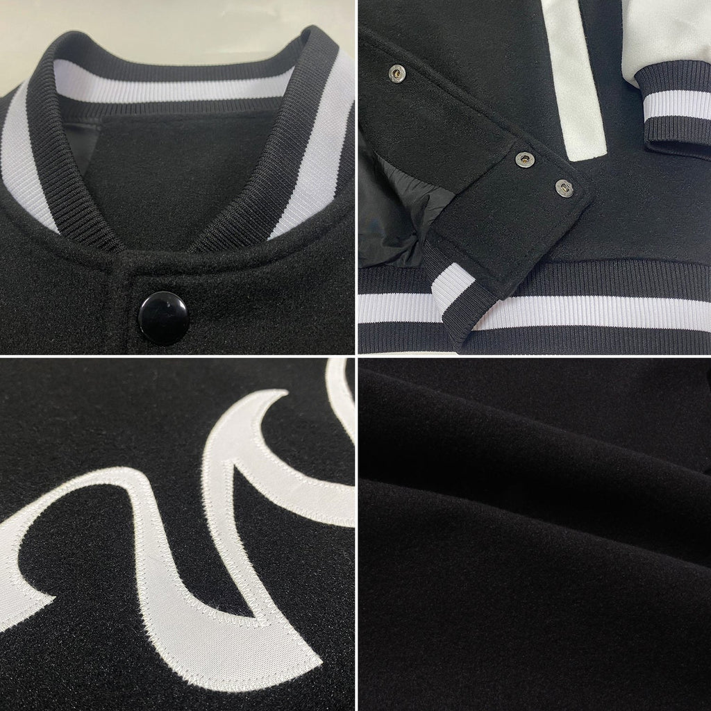 Custom Black White Bomber Full-Snap Varsity Letterman Two Tone Jacket photo 4
