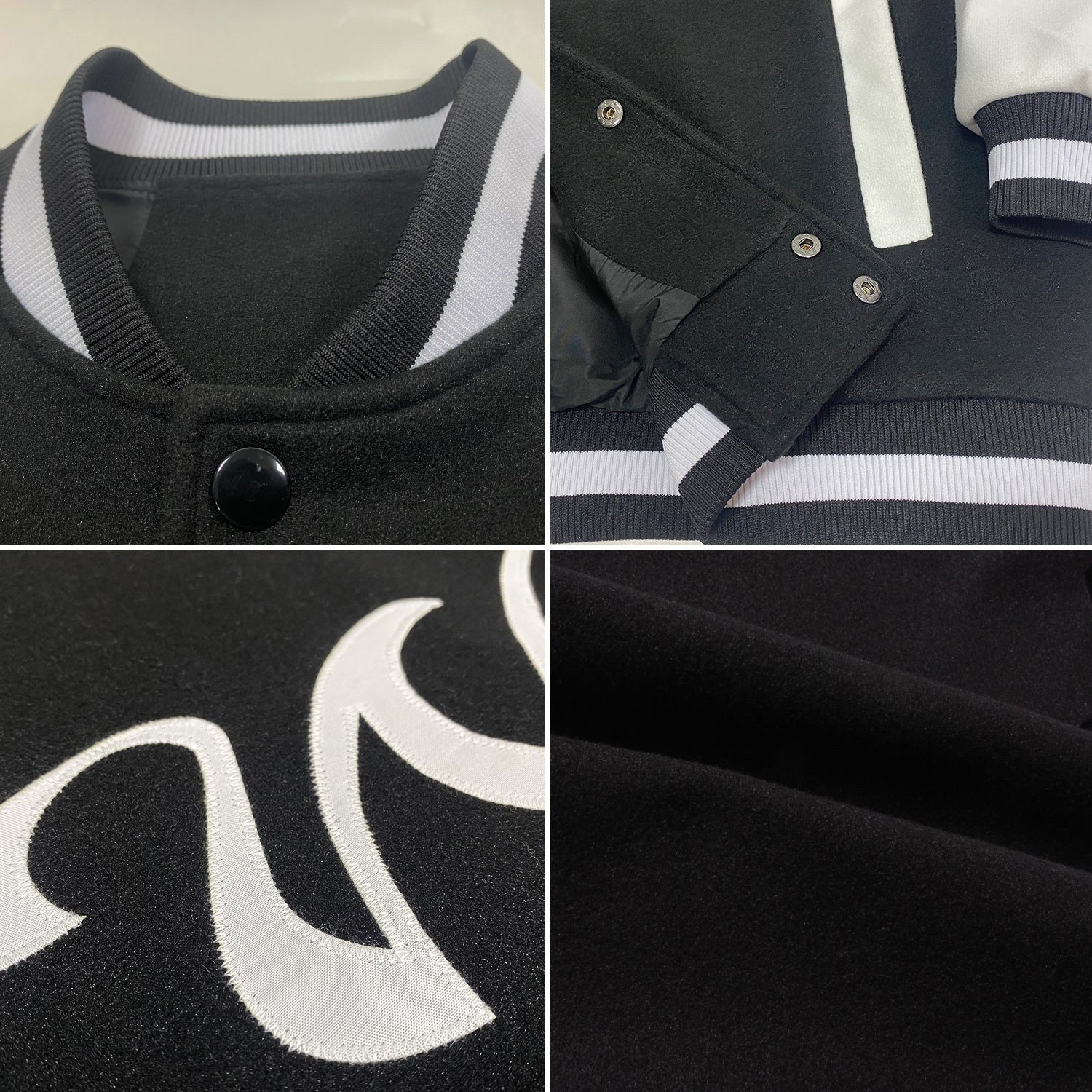Custom Black White Bomber Full-Snap Varsity Letterman Two Tone Jacket photo 4