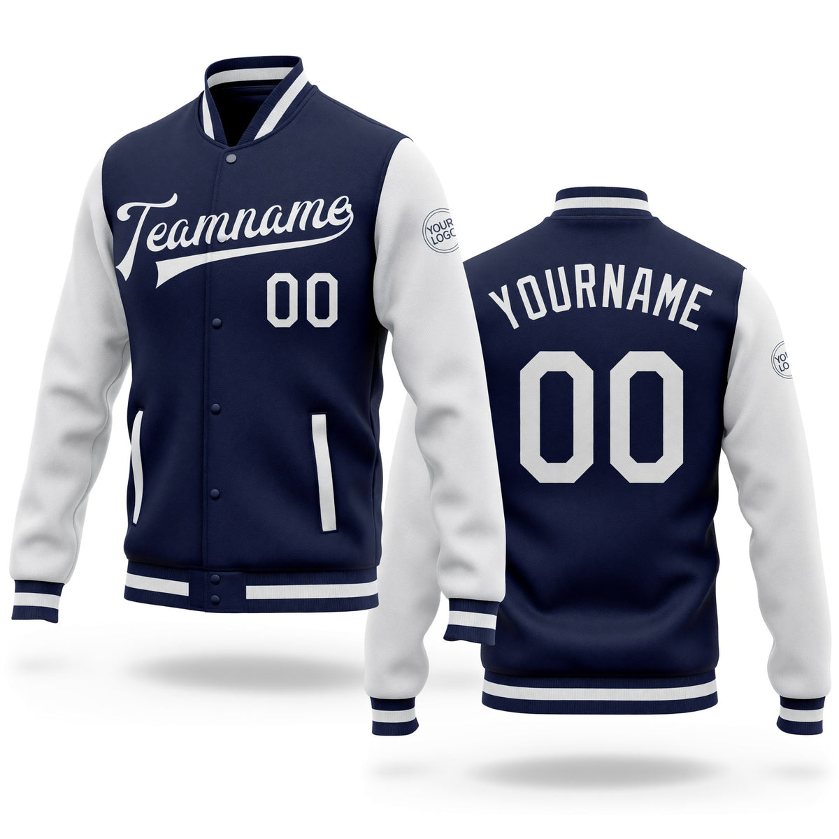 Custom Navy White Bomber Full-Snap Varsity Letterman Two Tone Jacket