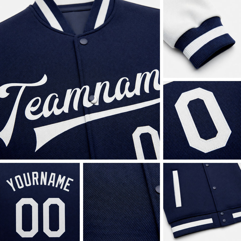 Custom Navy White Bomber Full-Snap Varsity Letterman Two Tone Jacket detail